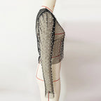 Frauen Sexy Mesh Perlen Tops Damen Mode Pailletten Blase Ärmeln Top T-Shirt Sommer Casual Pullover Tops für Weibliche 2025, Neue