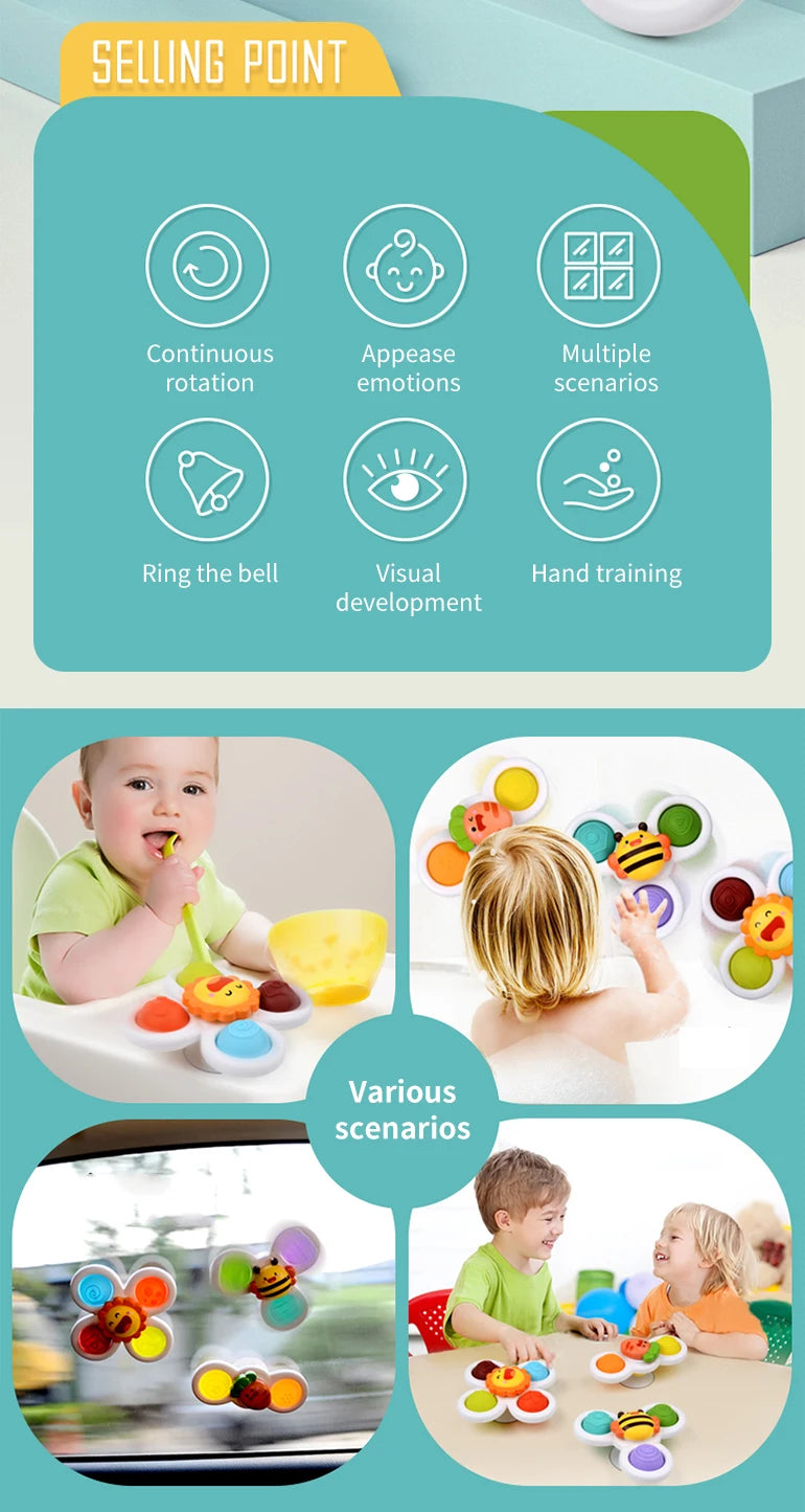 3Pcs Cartoon Insekt Zappeln Saugnapf Spinner Spielzeug Set Pädagogisches Rotierenden Rassel Baby Bad Spielzeug für Kinder