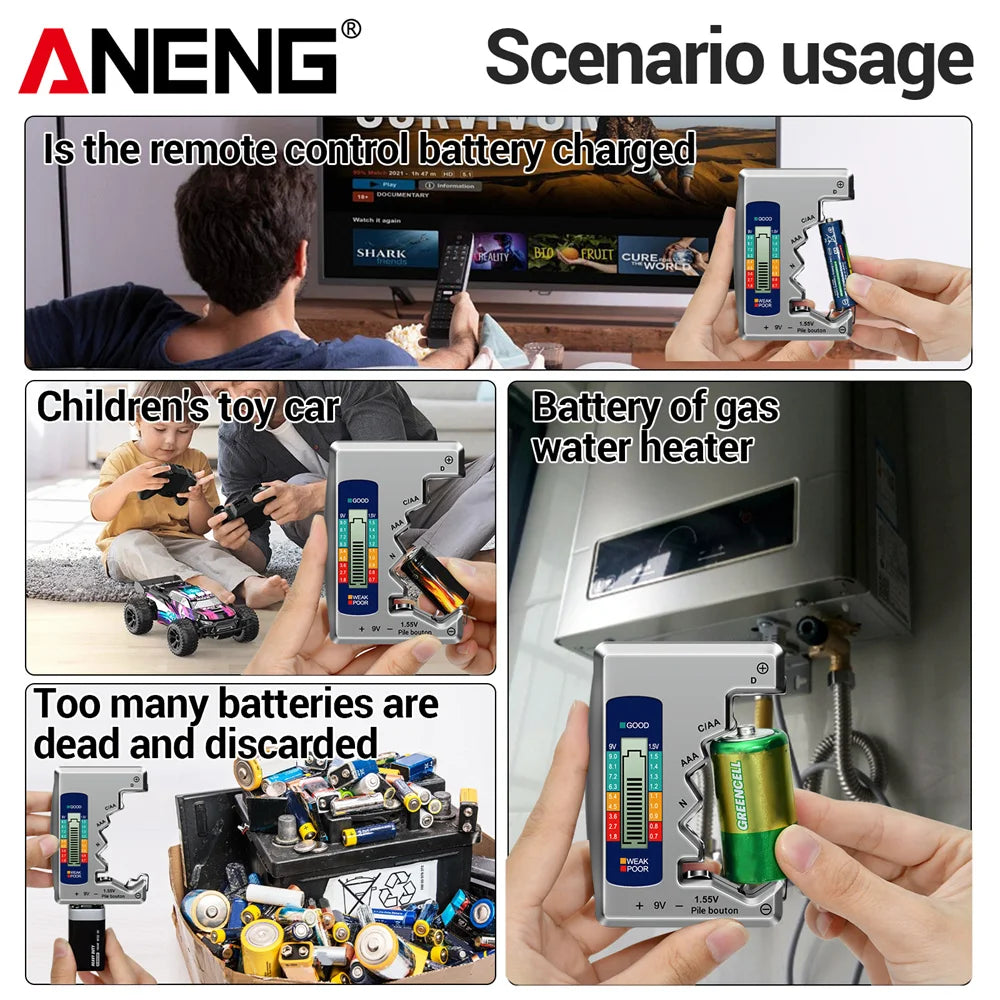 ANENG BT1688 Digitaler Batterietester – LCD, AA/AAA/C/D/9V/Knopfzelle, 3-Farben-Anzeige | CE | Schwarz, Silber & Grau