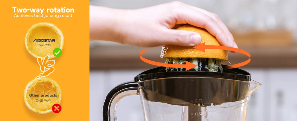Aigostar elektrische Zitrus presse 40 Watt 700 ml, Zitrus presse mit Tropf auslauf, 2 austauschbare Zapfen. Bpa frei