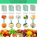 5-in-1 rotierende Käsereibe mit Griff, Küchen-Gemüseschneider, runder Mandoline-Trommelschneider mit Saugbasis JT435