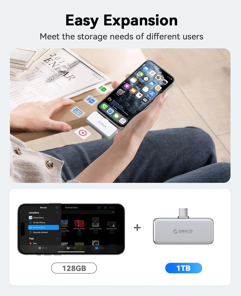 ORICO FlashPod 1 TB MINI magnetische tragbare SSD bis zu 2000 MB/s ProRes mit Direktstecker für iPhone 15 16 Serie, Tablets, Laptop