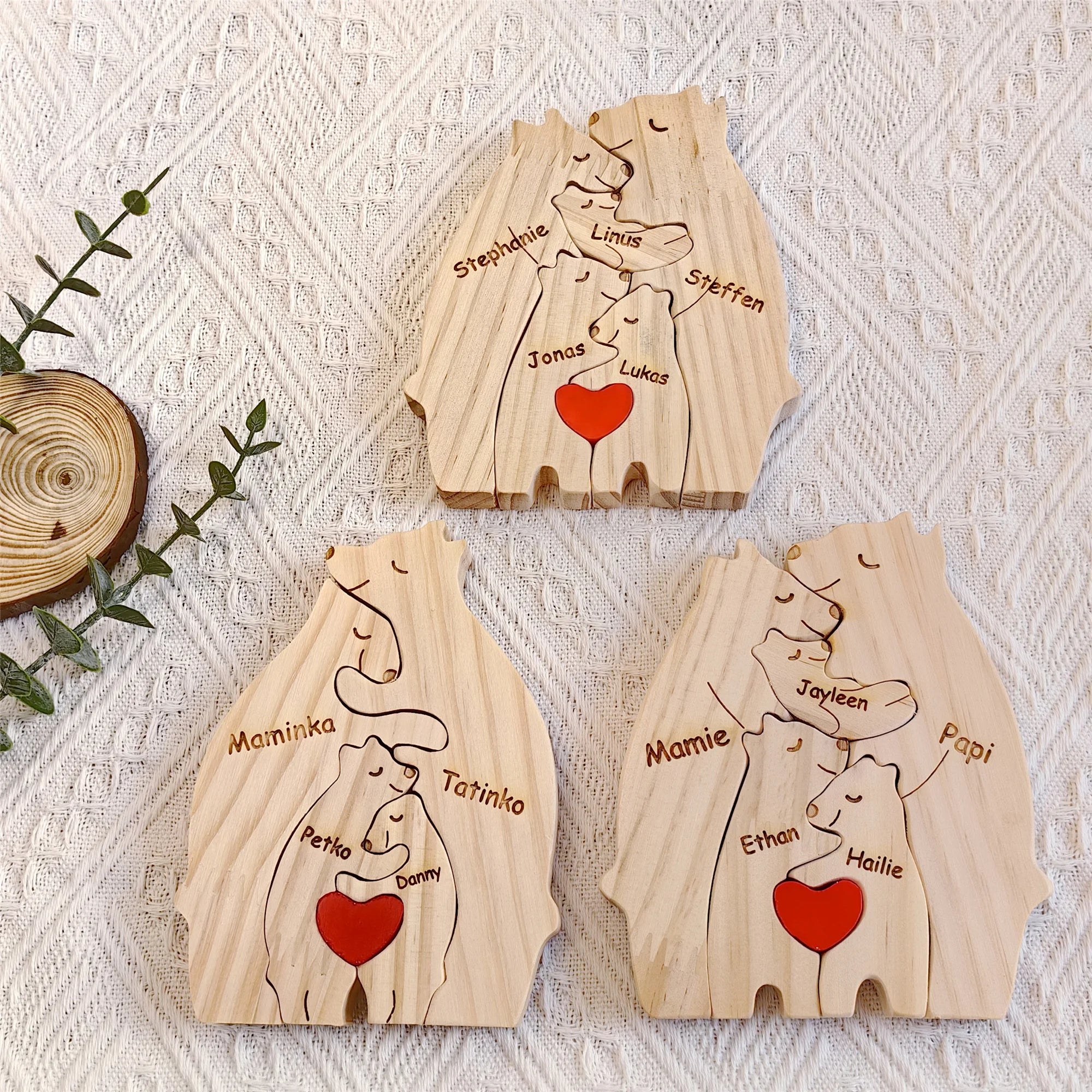 Kunst-Holzbär-Familienpuzzle, personalisierter Name, individuelle Heimdekoration, Thanksgiving, Weihnachten, Herzwärmungsgeschenk für Babymutter