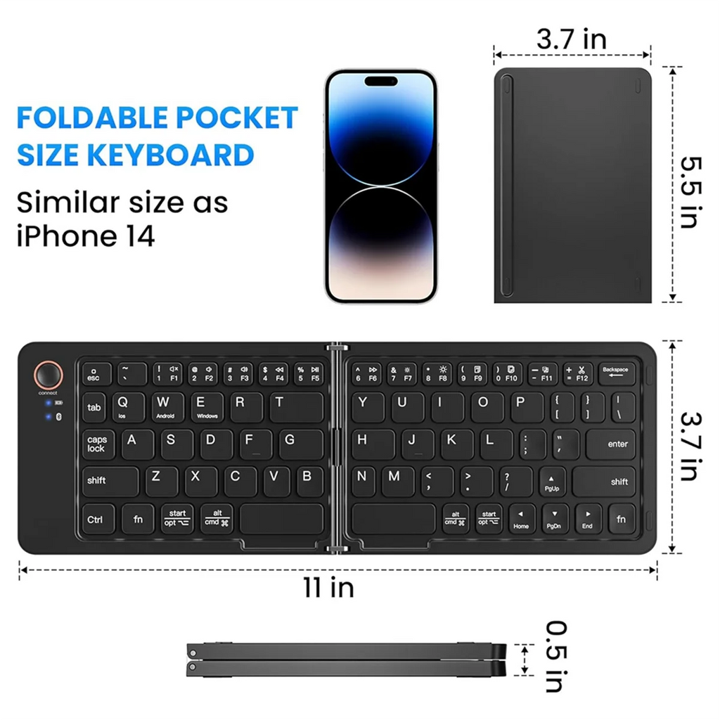 Mini faltbare kabellose Bluetooth-Tastatur (Synchronisierung bis zu 3 Geräte), tragbare Klapptastatur für Android Windows, Schwarz