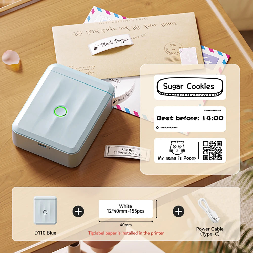 Niimbot D110 Mini Thermo-Etikettendrucker – Bluetooth, Tintenfrei, 203dpi, USB-C | iOS & Android | CE/FCC/RoHS | 3 Farben