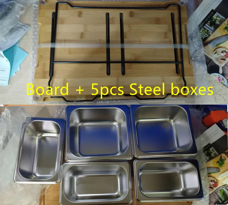 2025 erweiterbares Bambus-Schneidebrett-Set mit Tabletts und Box für die Küche, Saft-Trog, Schneidebrett-Werkzeuge, die gehackte Lebensmittel aufbewahren