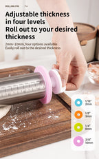 13,78 Zoll verstellbarer Nudelholz aus Edelstahl mit 4 abnehmbaren Ringen, Teigroller für Pizza-Keks-Backwerkzeuge