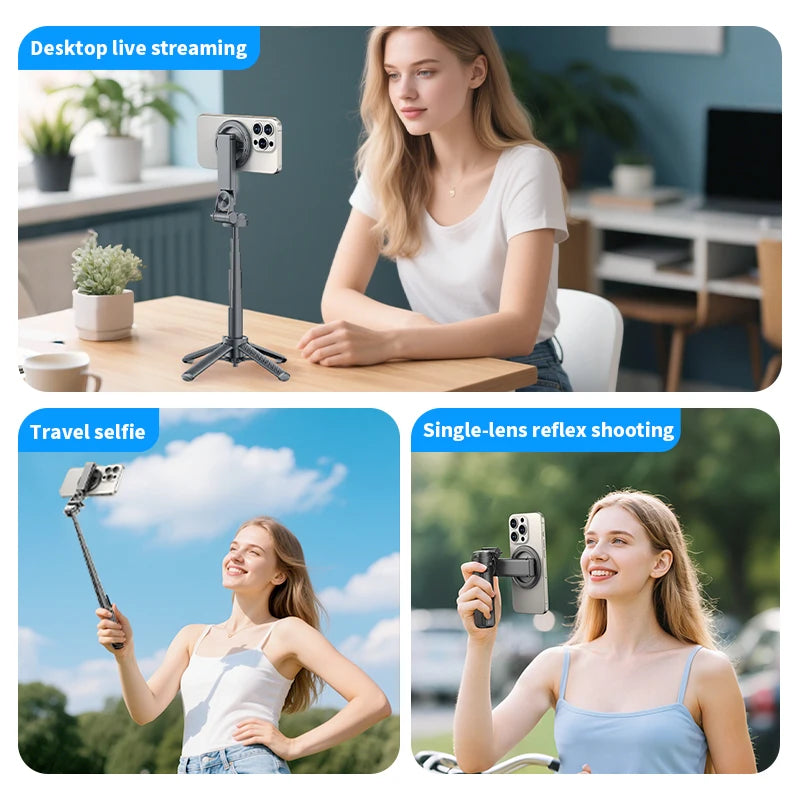 CrownQu T20-C Magnetischer Selfie-Stick & Stativ - MagSafe, 360 Grad, Bluetooth 20m | iPhone & Android | Schwarz