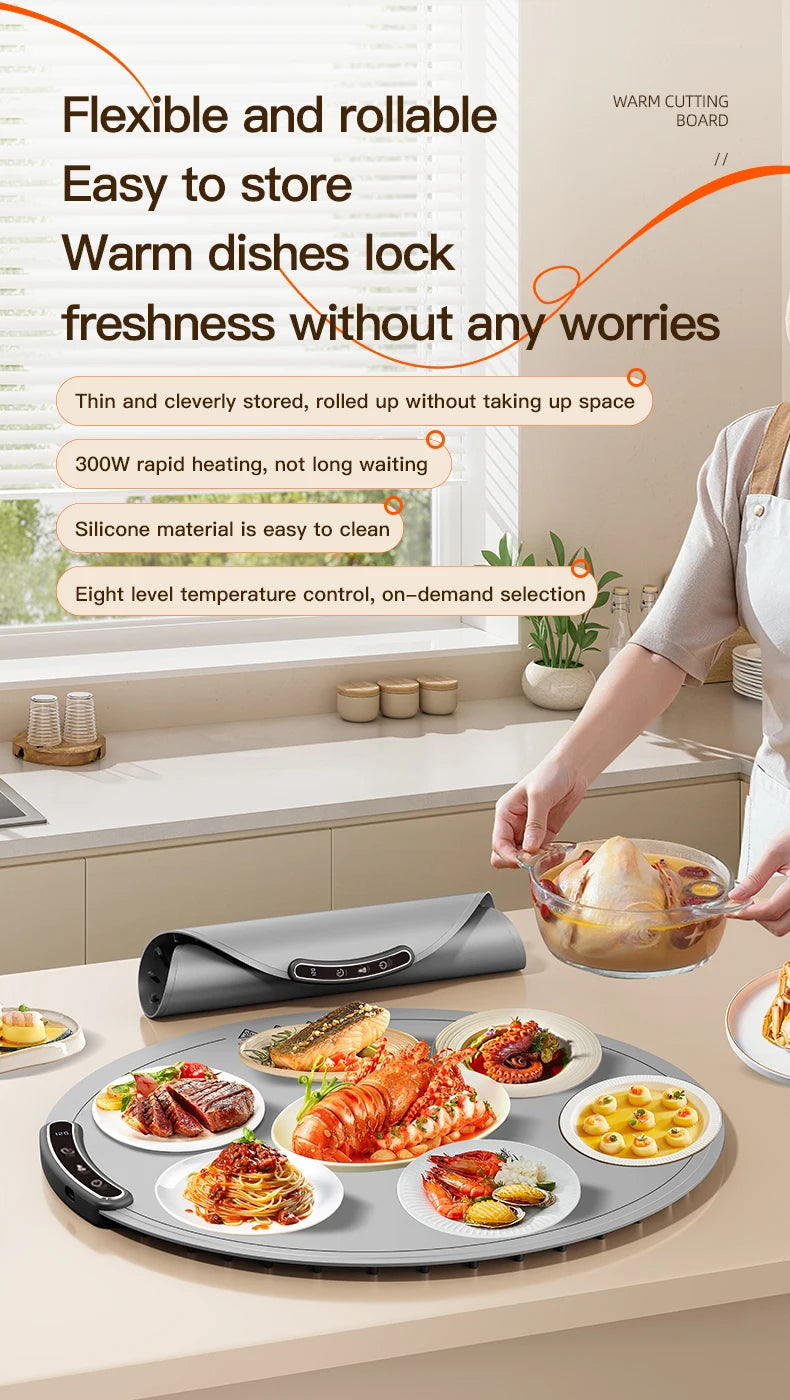 TINSOL Elektrisches Heizplatte für Lebensmittel, tragbares, zusammenklappbares Heiztablett mit 8 Temperatureinstellungen, thermostatisches Lebensmittel-Heizkissen