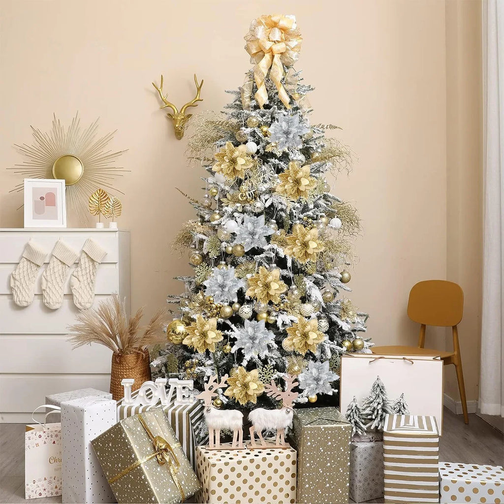 Weihnachts-Glitzerblumen, künstliche Blumen, Weihnachtsbaumschmuck für Zuhause, 2025, Baum-Anhänger, Ornamente, Navidad, Neujahr 2026, Geschenk