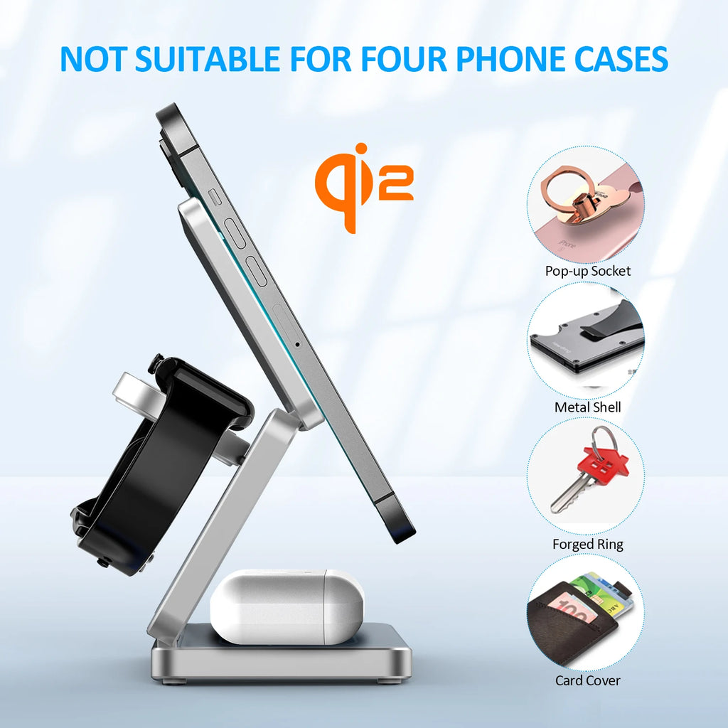 Qi2/Qi1 3 in 1 15 W magnetisches kabelloses Ladegerät für iPhone 17 16 15 Schnellladung, zusammenklappbar, für Apple Watch Airpods kabelloses Ladegerät