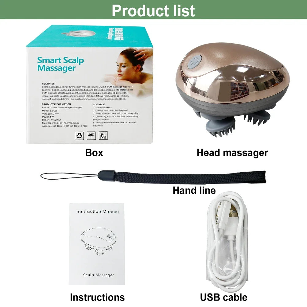 Elektrisches Kopfhautmassagegerät mit Silikonköpfen – 3 Modi, USB-aufladbar, für Kopf und Körper