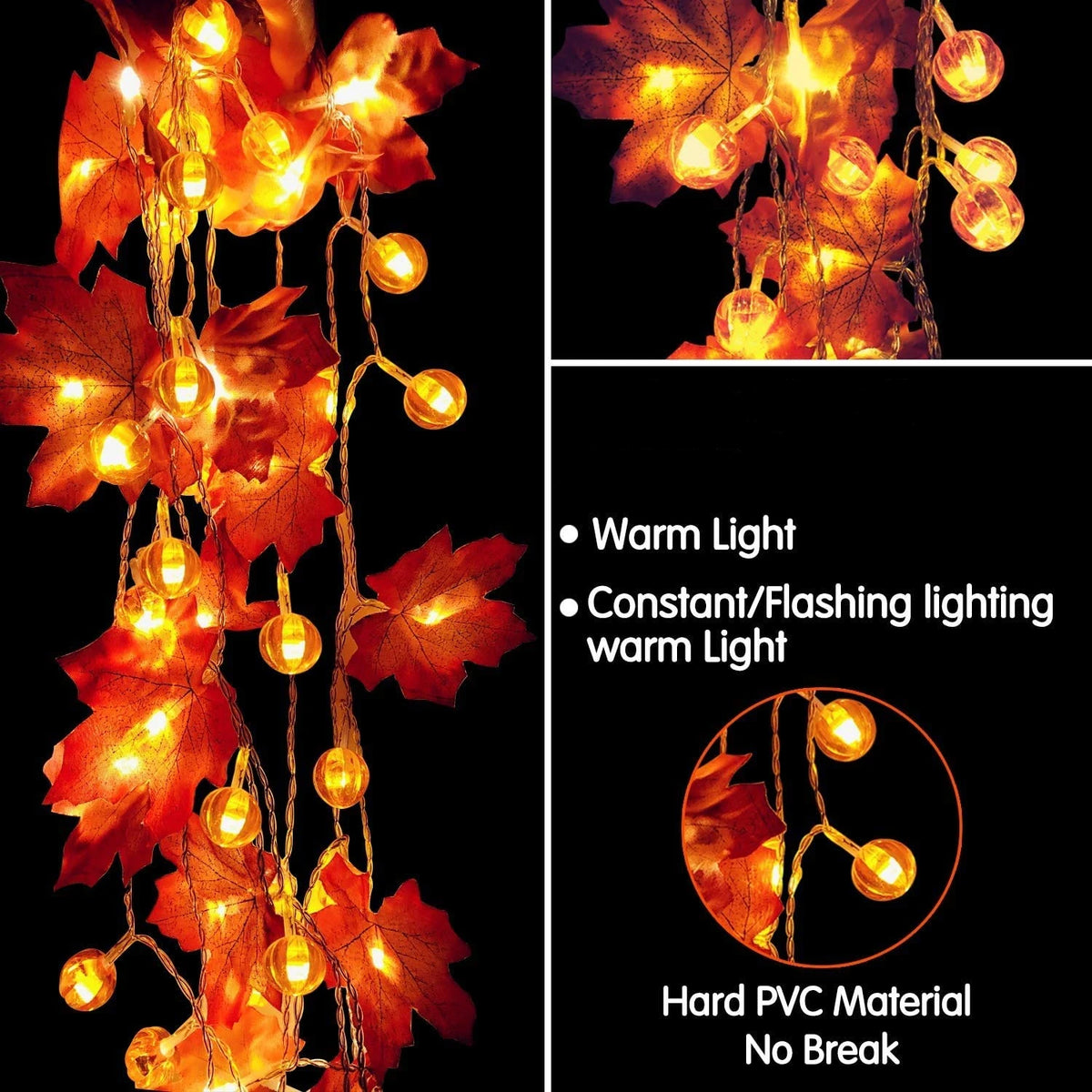 Halloween LED-Lichterkette Kürbis & Ahornblatt – Warmweiß, IP45, 1,5m / 3m / 6m