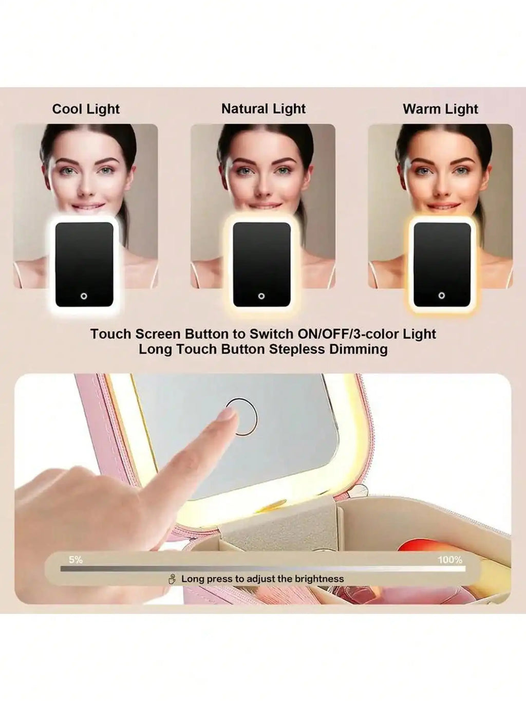 LED-beleuchtete Make-up-Tasche mit Spiegel – wiederaufladbarer Reise-Kosmetik-Organizer, verstellbare 3-Farben-Beleuchtung, Schmuckaufbewahrungskoffer