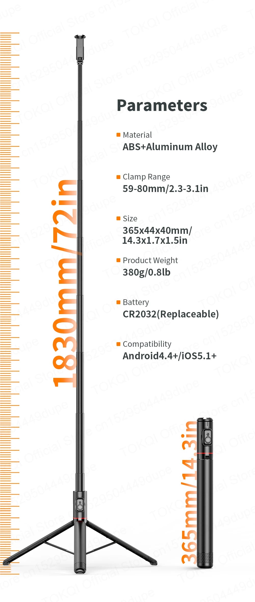 TOKQI C10 Selfie Stick Stativ – 1,83m / 72 Zoll, Bluetooth, Aluminium | iPhone & Android