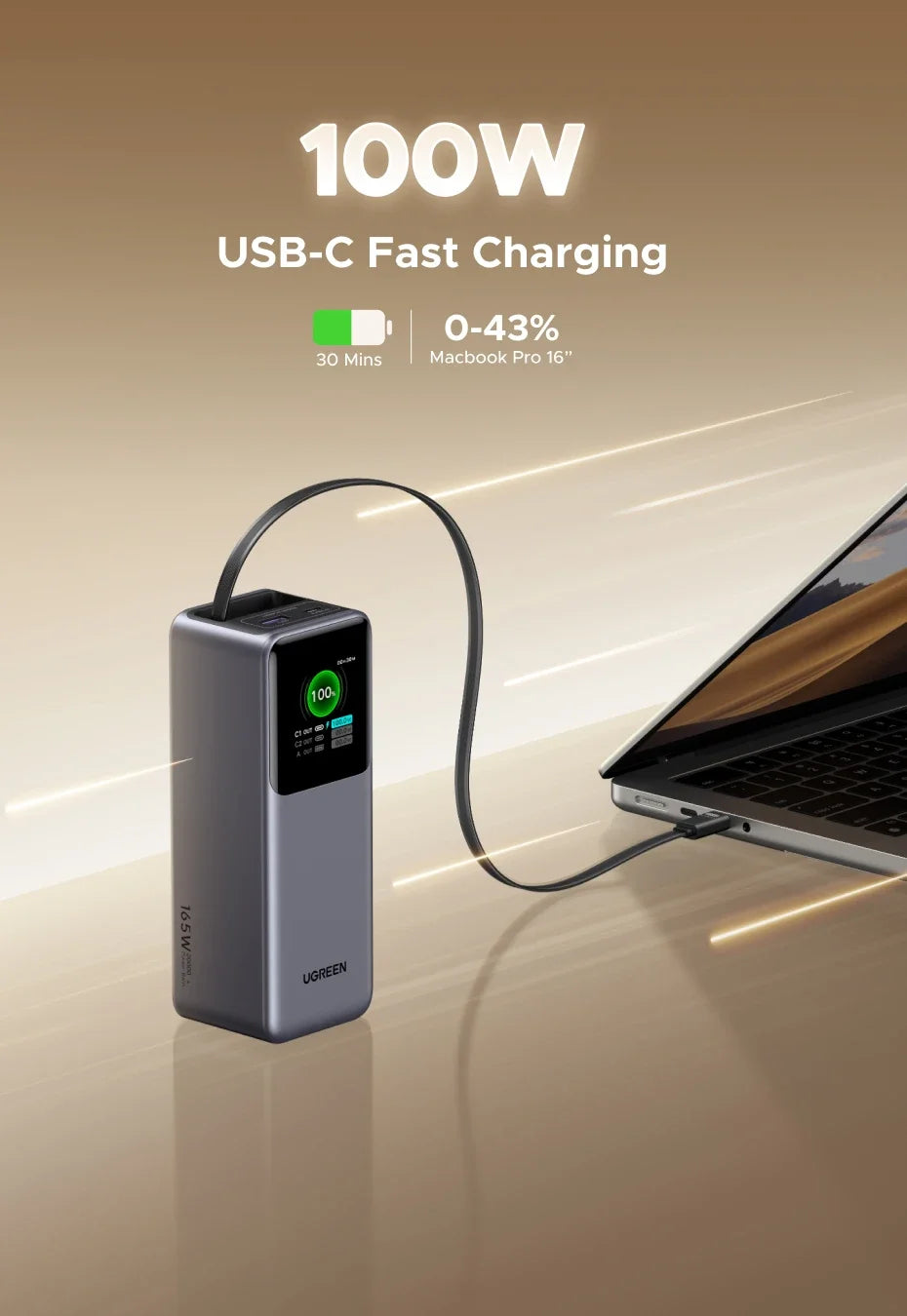 UGREEN Nexode 165W Power Bank 20000mAh Chargeur Portable 100W Max PD3.0 Batterie Externe Câble Intégré pour Ordinateur Portable Téléphone Portable