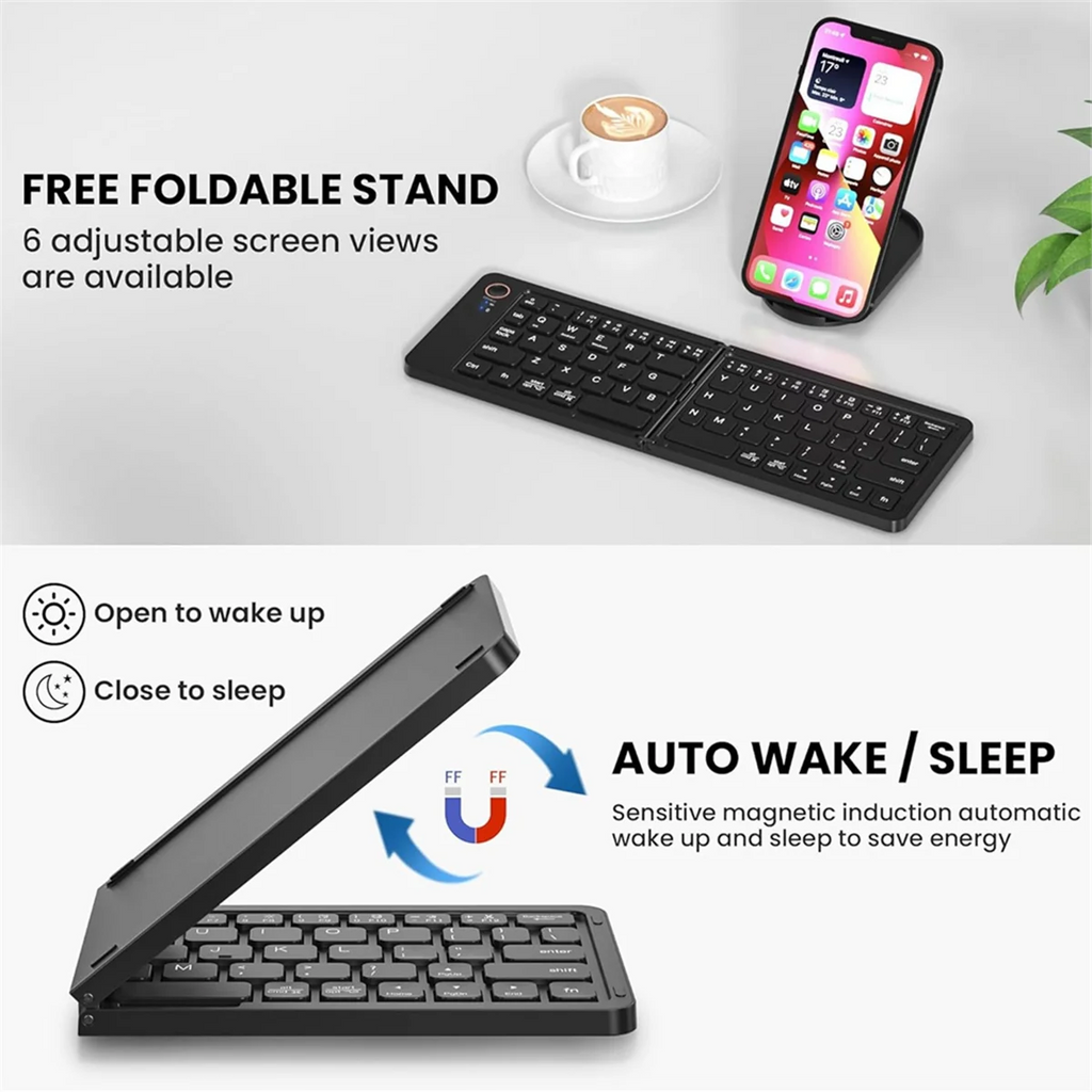 Mini faltbare kabellose Bluetooth-Tastatur (Synchronisierung bis zu 3 Geräte), tragbare Klapptastatur für Android Windows, Schwarz