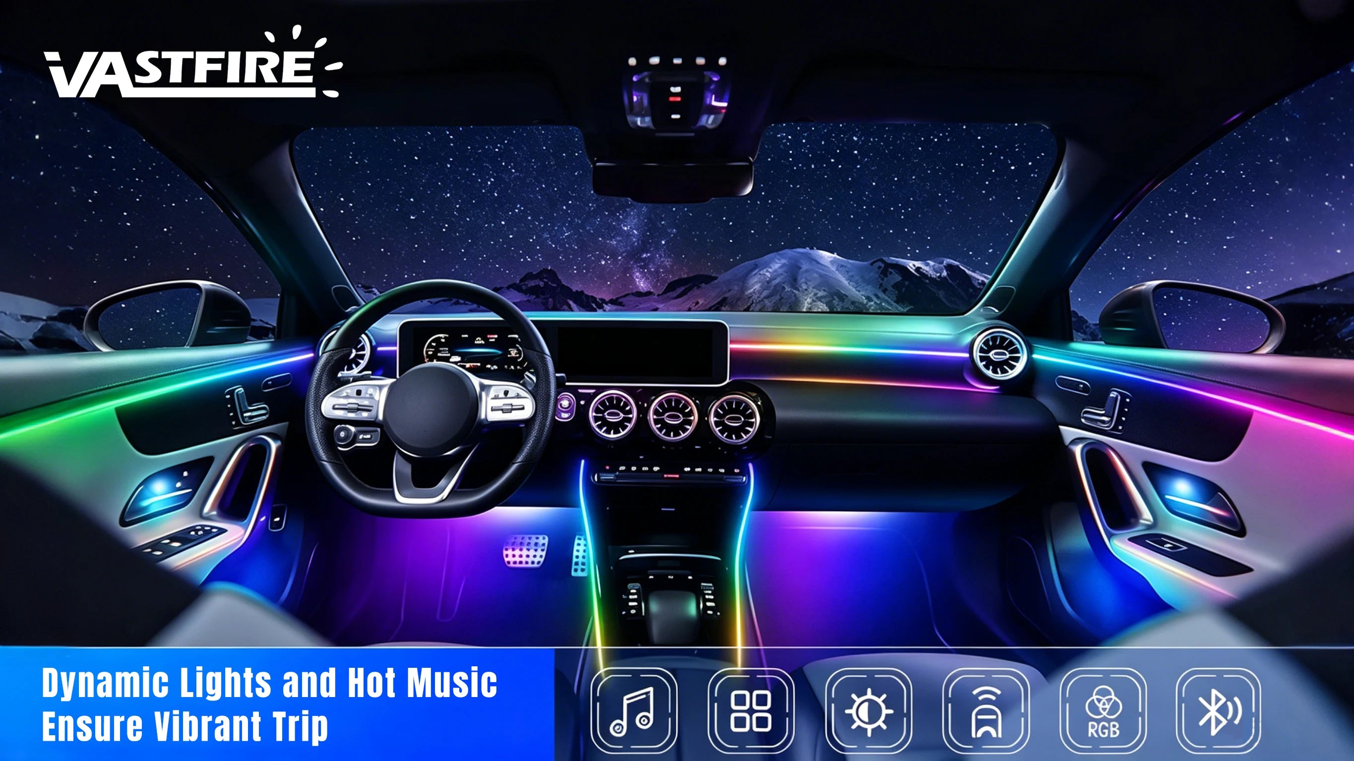 VASTFIRE Starlight Auto-Ambientebeleuchtung – Glasfaser-Fußmatten, RGB-Lichtleiste & Faserlampen | App & Fernbedienung | CE & RoHS