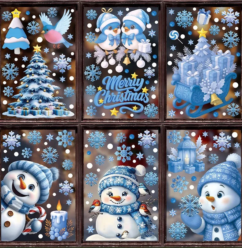 Weihnachten Fenster Aufkleber Winter Schneemann Weihnachtsmann Schneeflocke Elch Statische Aufkleber Glas Ornamente Frohe Weihnachten Dekor