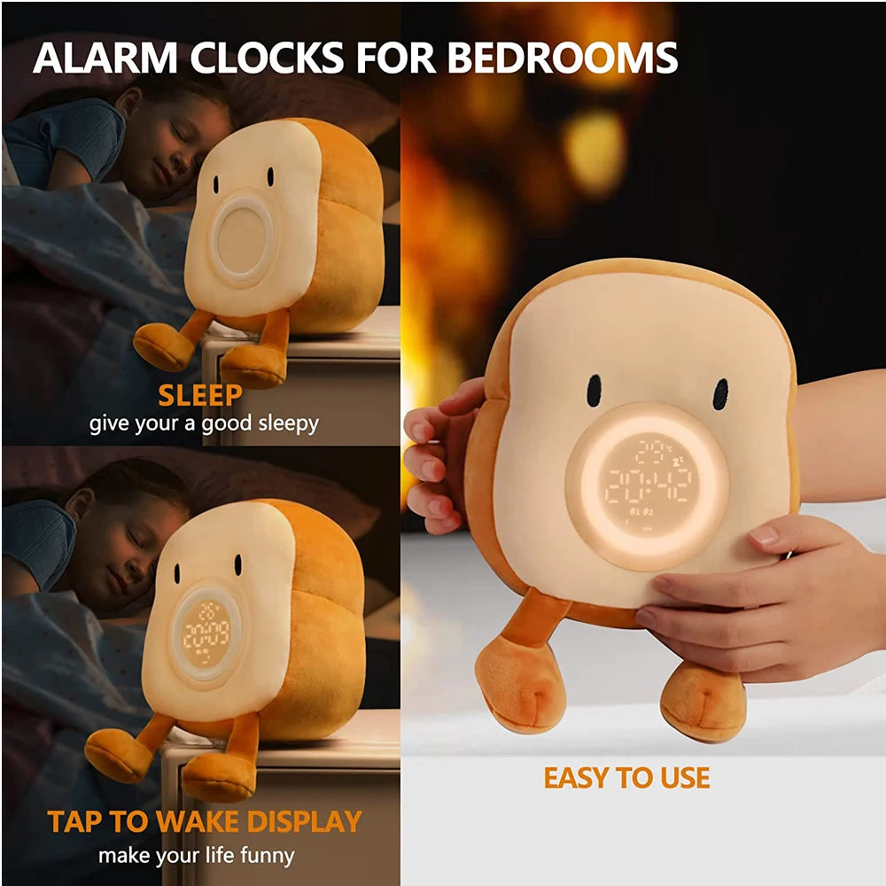 D2 Toast Plüsch Wecker Lampe wiederauf ladbare dimmbare Nachttisch Schlafzimmer Uhr mit Dual Snooze Alarm Kinder niedlichen Dekor Nachtlicht