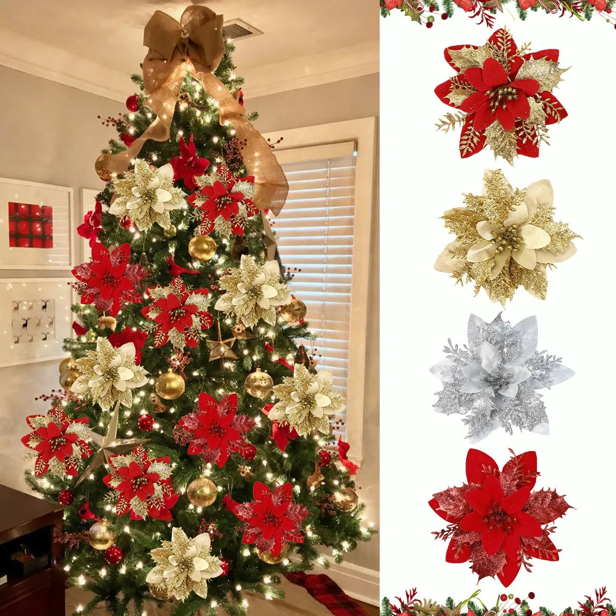 Weihnachts-Glitzerblumen, künstliche Blumen, Weihnachtsbaumschmuck für Zuhause, 2025, Baum-Anhänger, Ornamente, Navidad, Neujahr 2026, Geschenk