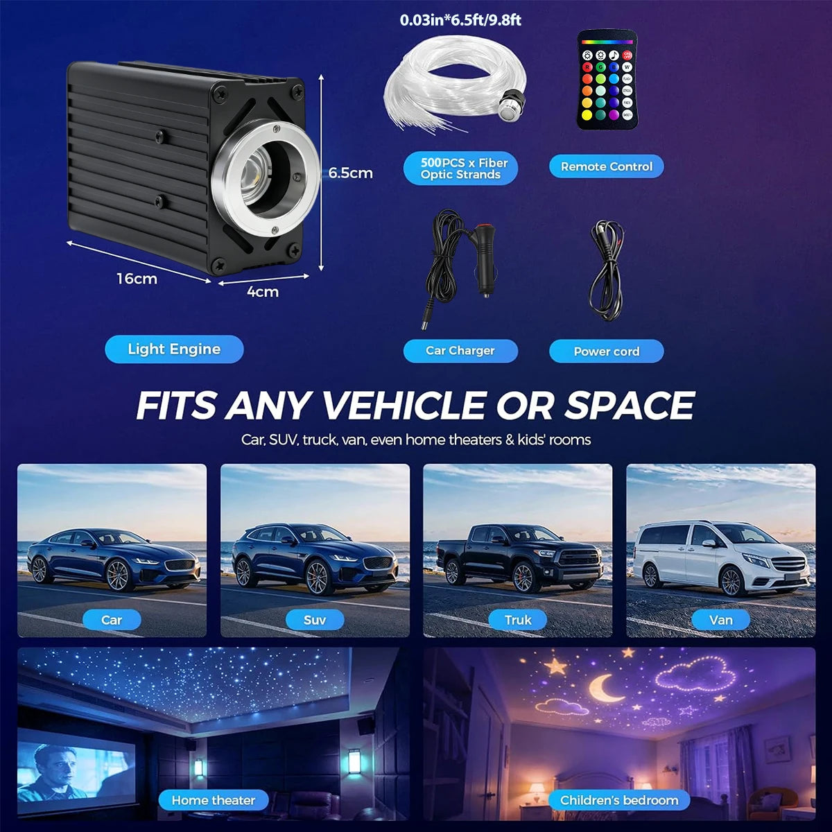 VASTFIRE Starlight Auto-Ambientebeleuchtung – Glasfaser-Fußmatten, RGB-Lichtleiste & Faserlampen | App & Fernbedienung | CE & RoHS