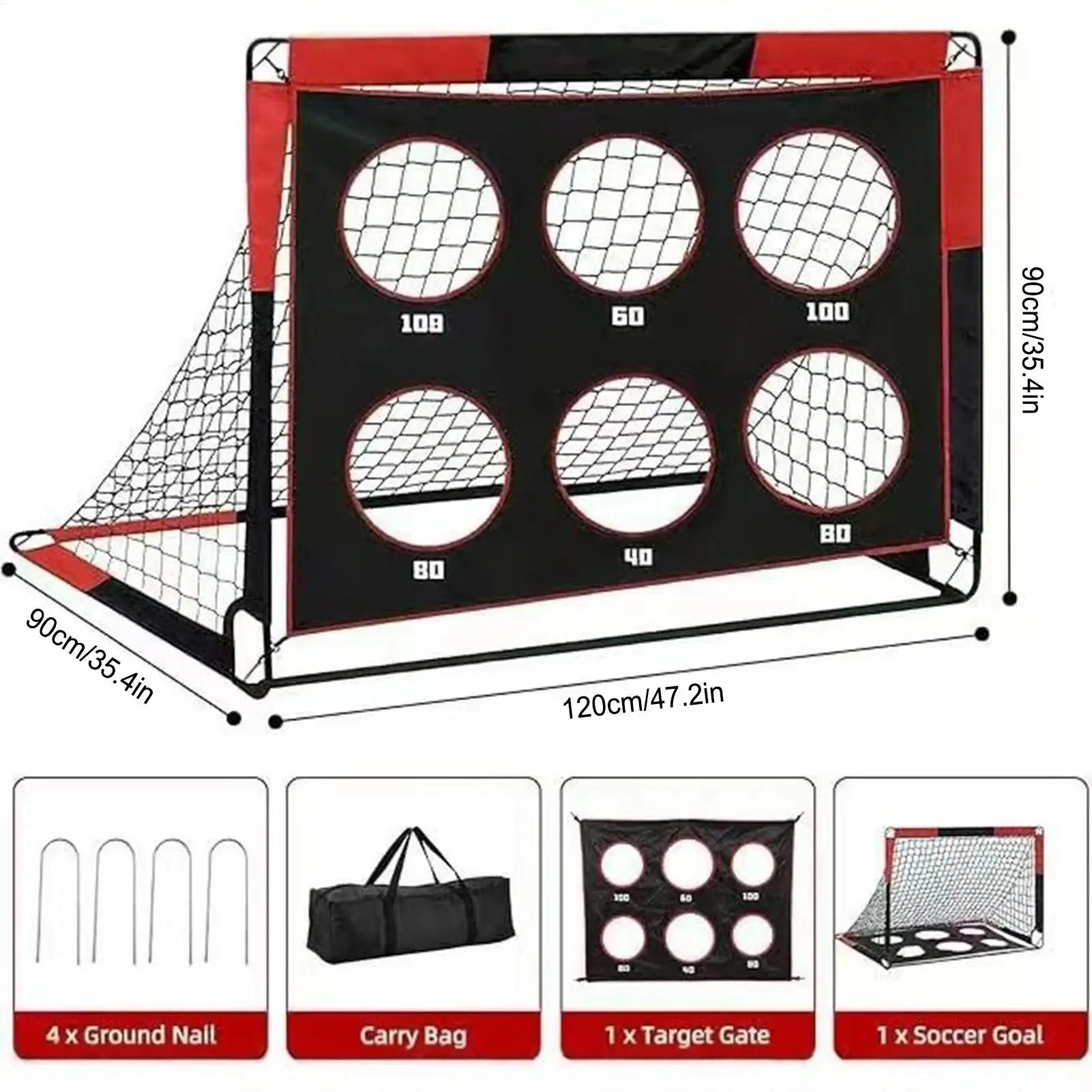 Pop-Up Fußballtor mit Zielscheibe – 122×91cm, faltbar, tragbar, Schwarz/Rot, für Kinder & Garten
