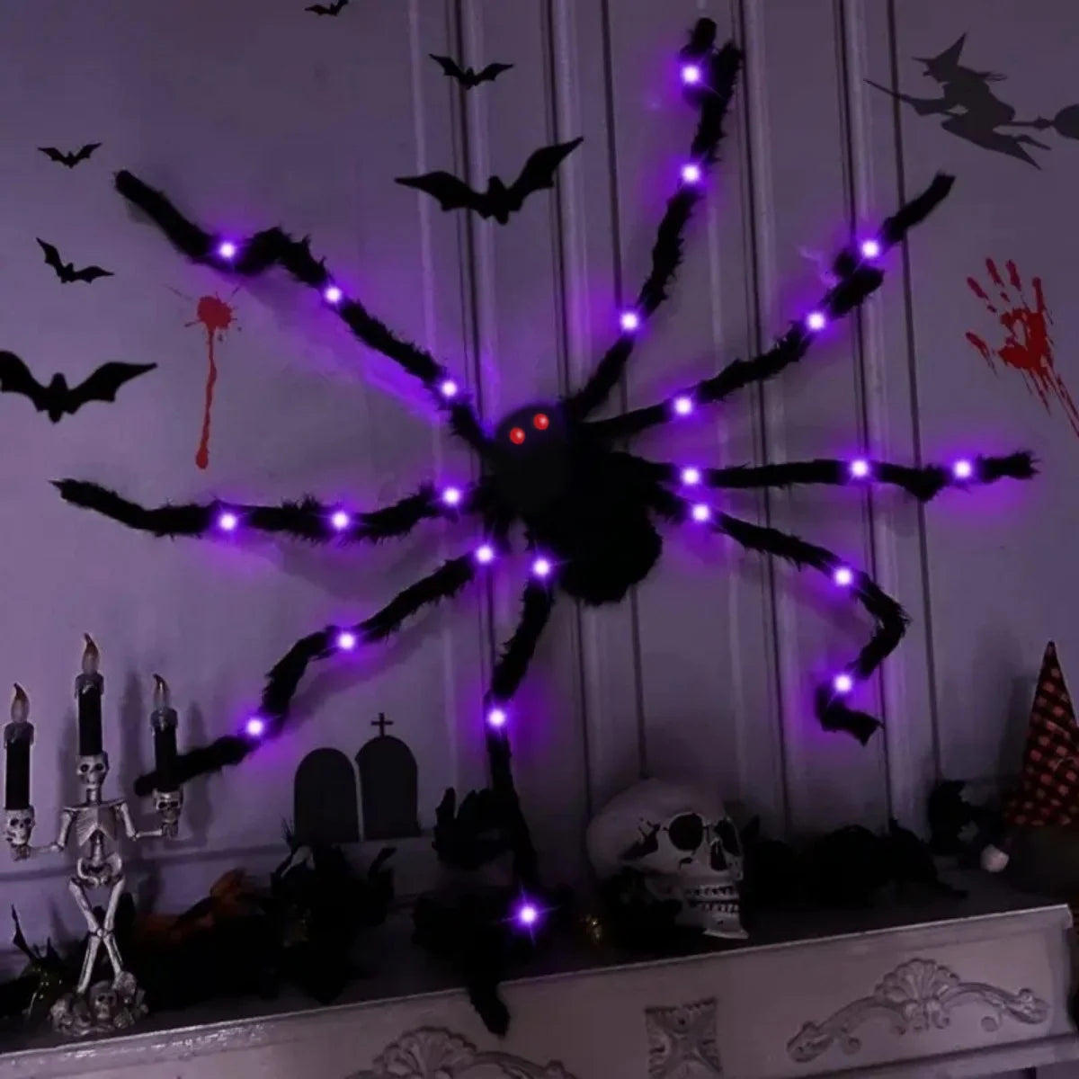 Halloween Riesige Leuchtende Plüsch-Spinne – Lila LED, 8 Modi, Innen & Außen