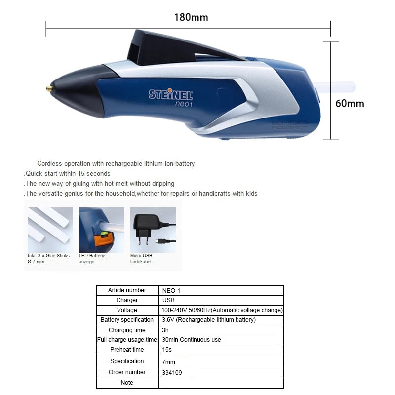 Deutsches STEINEL wiederaufladbares kabelloses Heißklebepistole mit 3 Klebestiften, tragbares Mini-Reparaturwerkzeug-Set, Klebegreifer, DIY NEO1