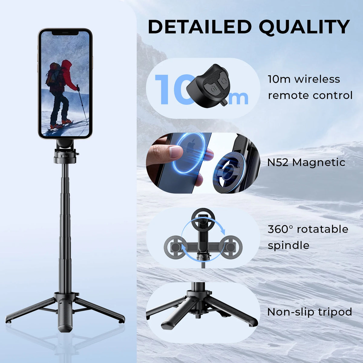CrownQu T20-C Magnetischer Selfie-Stick & Stativ - MagSafe, 360 Grad, Bluetooth 20m | iPhone & Android | Schwarz