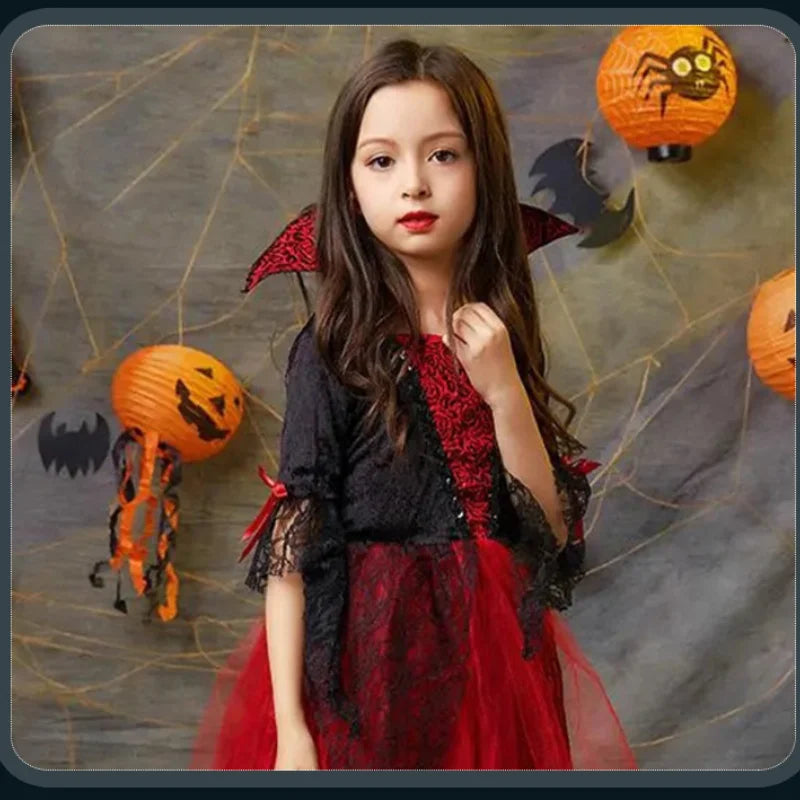 Halloween Kostüm Mädchen – Vampir-Teufel-Prinzessin, Schwarz-Rotes Tüllkleid mit Zubehör