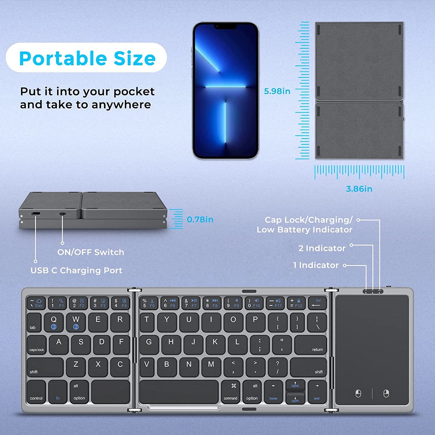 3-fach faltbare Tastatur, kabellose Mini-Tastatur, faltbare Dual-Bluetooth-Tastatur mit Touchpad für Windows, Android, iOS, iPad, Telefon