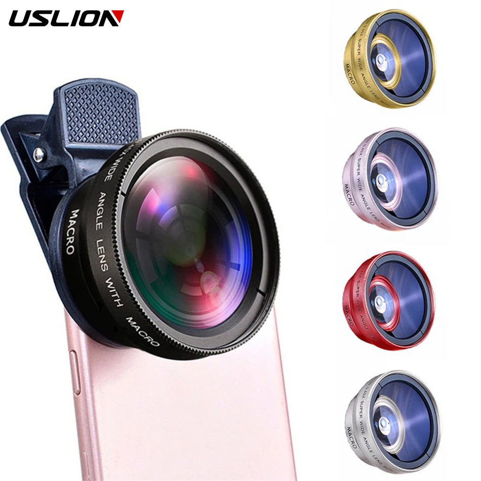USLION 2 IN 1 Objektiv Universal Clip, 37mm Handy Objektiv, 0,45x 49uv Super Weitwinkel, Makro HD Professional