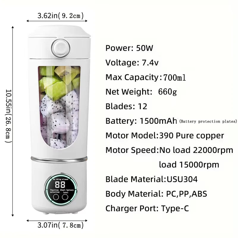 Neuer tragbarer Saftbereiter-Mixer für Shakes, Smoothies, 700 ml, mehrere Farben, 12 Klingen, schnelles Mischen, 2-in-1-Mixer, Flaschen-Entsafter