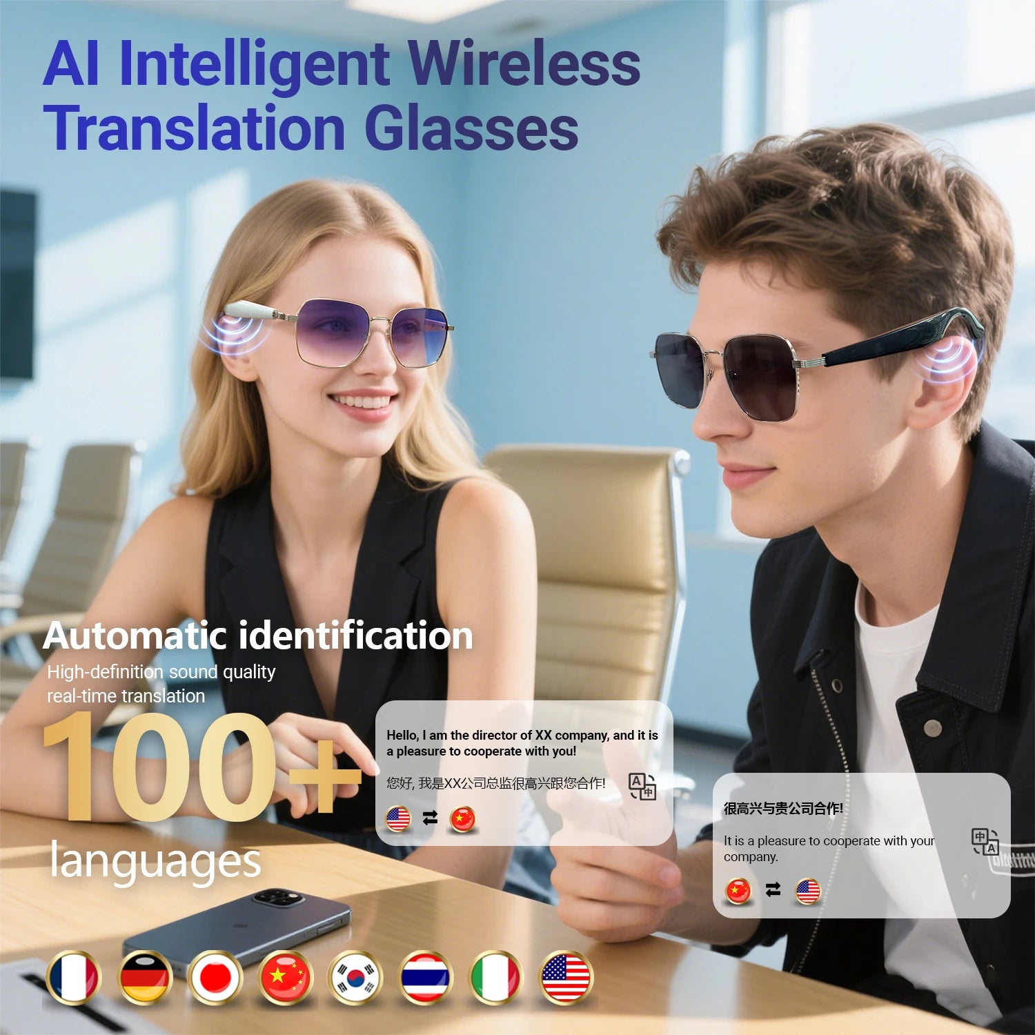 GY200 Smart Glasses 100+ Online-Sprache AI Automatische Dialogübersetzung Bluetooth-Brille mit Lautsprecher Sport UV-Schutz