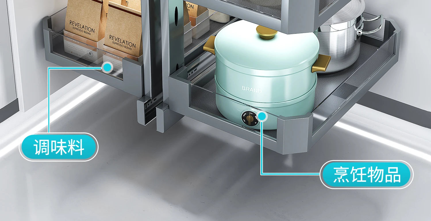 Eckkorb, Küchenschrank, komplett ausziehbar, Aufbewahrungsregal mit zwei Schubladen, Eckkorb