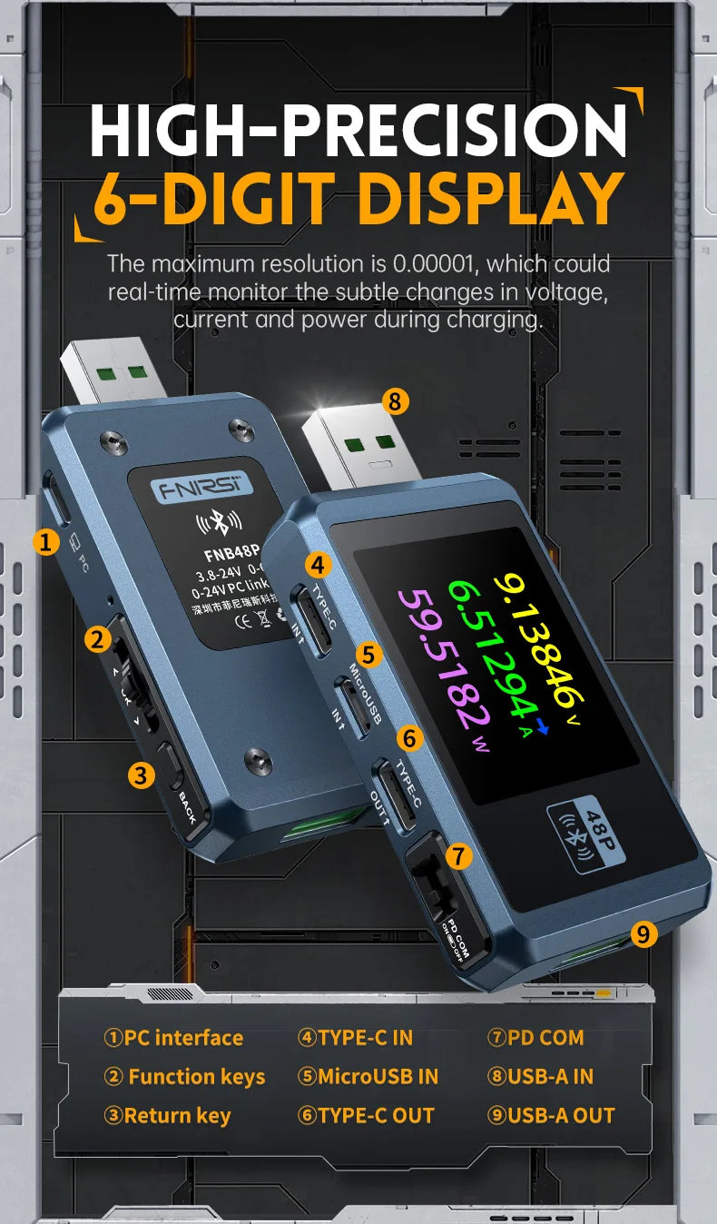 FNB58 USB-Tester, Voltmeter, Amperemeter, Typ C, Schnellladungserkennung, Auslöser, Kapazitätsmessung, Welligkeitsmessung