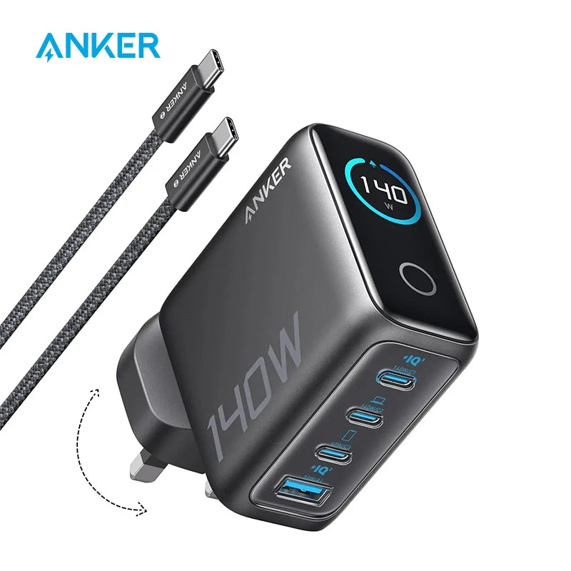 (EU Stock) Anker 140W USB-C Ladegerät, Laptop Ladegerät, 4-Port Multi-Geräte Schnellladeleistung, Fortschrittliches GaN Netzteil