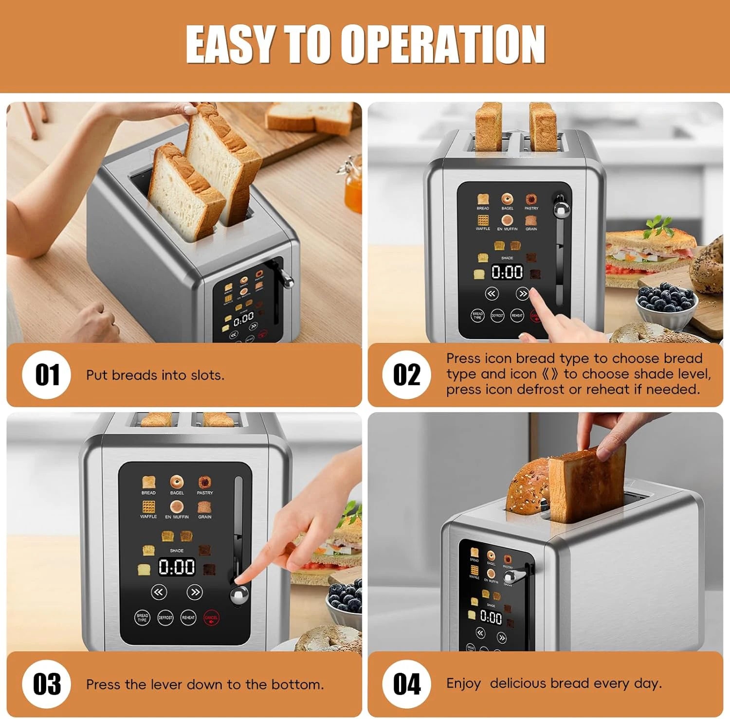 OMESER Küche Edelstahl Zwei Scheiben Toaster Touchscreen Hause Automatische Brot Toaster Frühstück Maschine 6 Bräunungsstufen