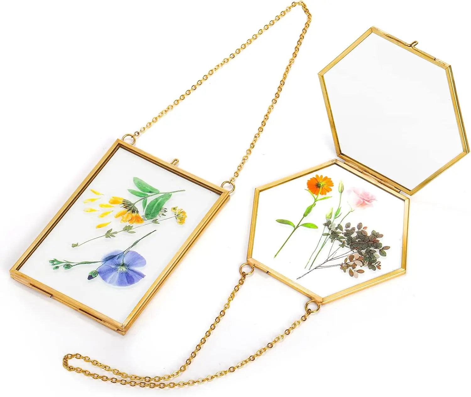 Doppelter Glas-Bilderrahmen, handgefertigt, gepresster Blumenrahmen, Wandbehang, Bilderrahmen für getrocknete Blumen, Heimwand mit Kette – nur Rahmen