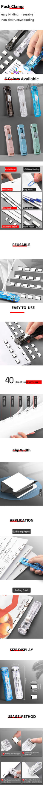 Mini Traceless Wiederverwendbare Hand Klemme Push Hefter Papier Buch Datei Büro Schule Student Binder Bindung Werkzeuge Liefert Zubehör