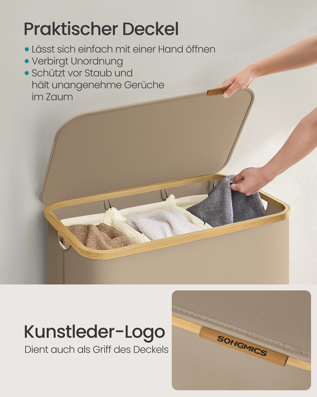 SONGMICS Wäschekorb mit Deckel,Wäschesammler mit 3 Fächern,150 L,herausnehmbarer Wäschesack,Griffe aus Bambus,zusammenklappbar