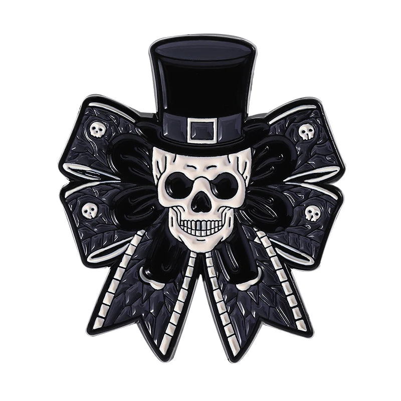 Gothic Emaille-Brosche & Anstecknadel – Skelett, Schleife & Stethoskop | Halloween Schmuck