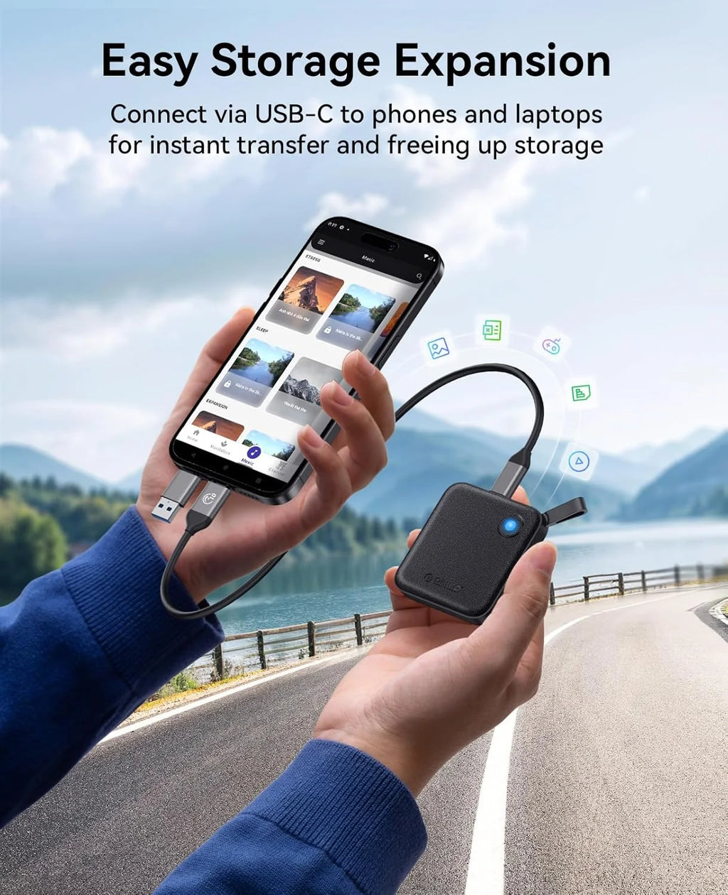 ORICO Tragbare SSD mit 2-in-1-USB-C-Kabel, externen Solid-State-Laufwerke, bis zu 460 MB/s für iPhone 14 13 11 12 X IPad PC