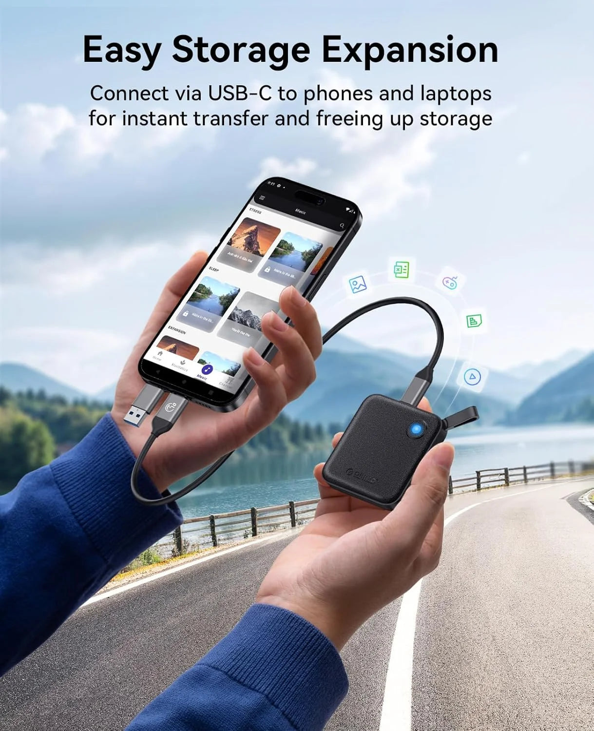 ORICO Tragbare SSD mit 2-in-1-USB-C-Kabel, externen Solid-State-Laufwerke, bis zu 460 MB/s für iPhone 14 13 11 12 X IPad PC