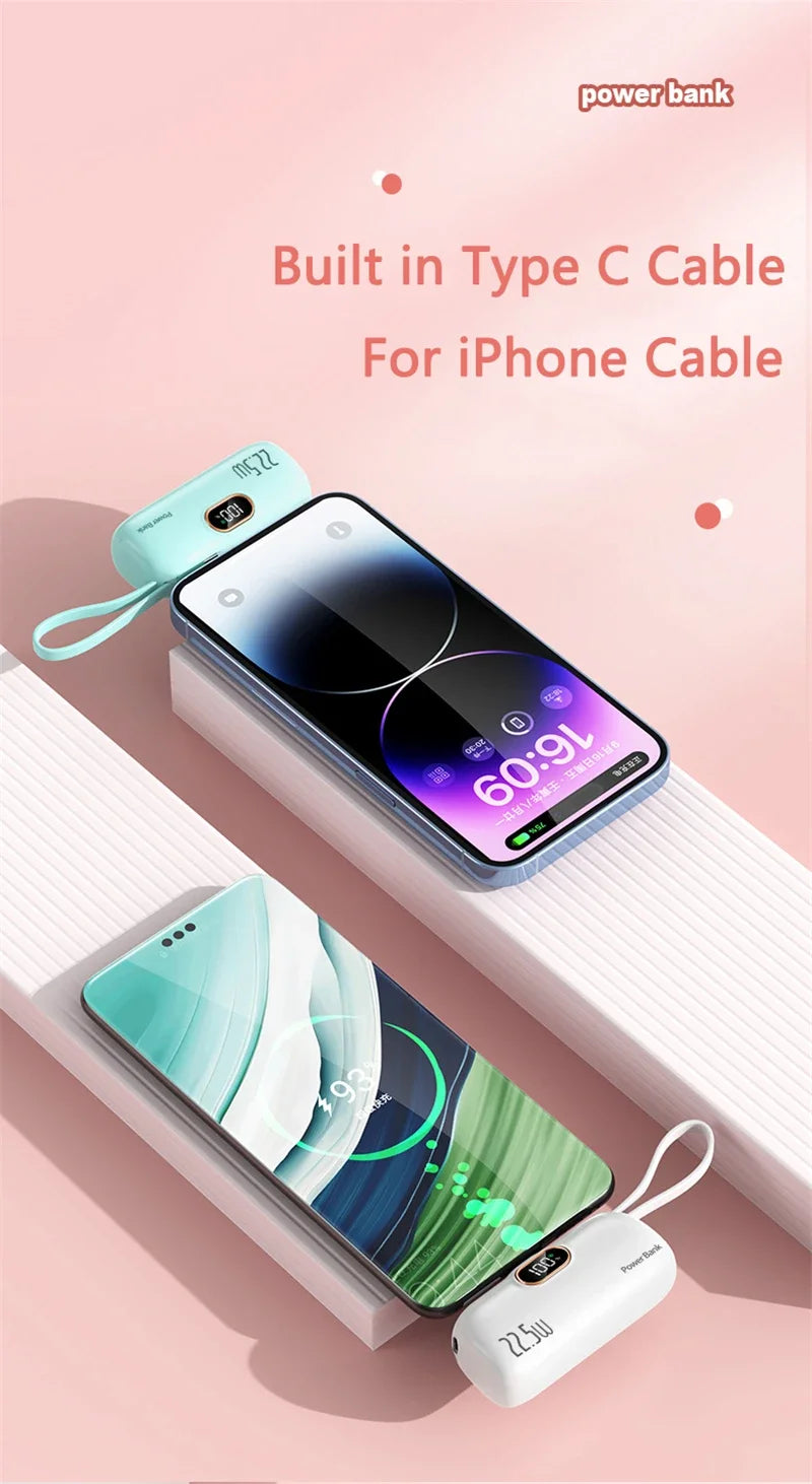 Tragbare Mini-Kapsel-Powerbank, integriertes Kabel, Typ-C-Stecker, 22,5 W, schnelles Aufladen für iPhone, Samsung, Xiaomi, externer Ersatzakku