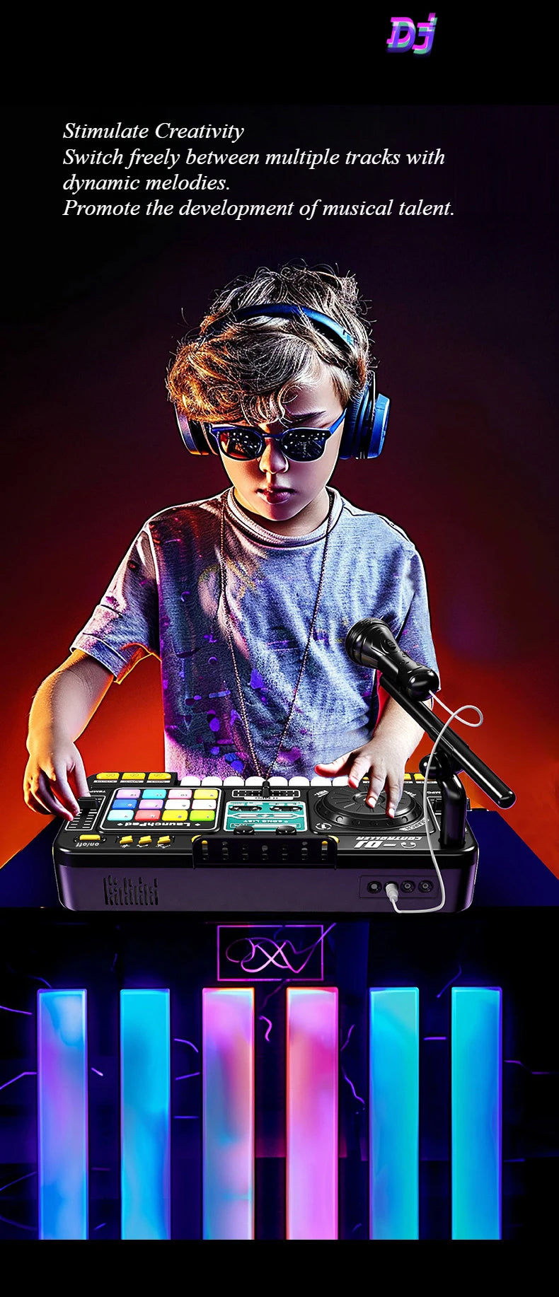 CONUSEA Kinder DJ-Mixer – Mikrofon, App-Steuerung, Klaviertastatur, 3–12 Jahre