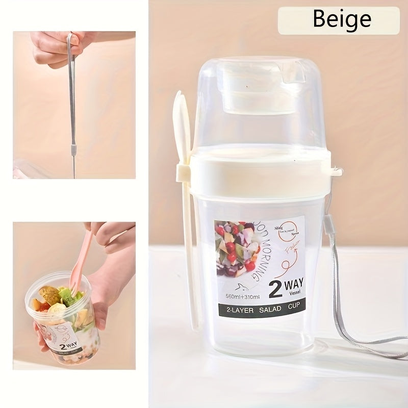 1 Stück 2-Wege-Verschlussbehälter für Joghurt und Müsli – Tragbarer Frühstücksbecher mit Deckel, wiederverwendbare Aufbewahrungsbox aus Kunststoff für Büro, Uni, Picknick, Reisen – inklusive Löffel, ideal für Milch, Joghurt, Obst und Müsli