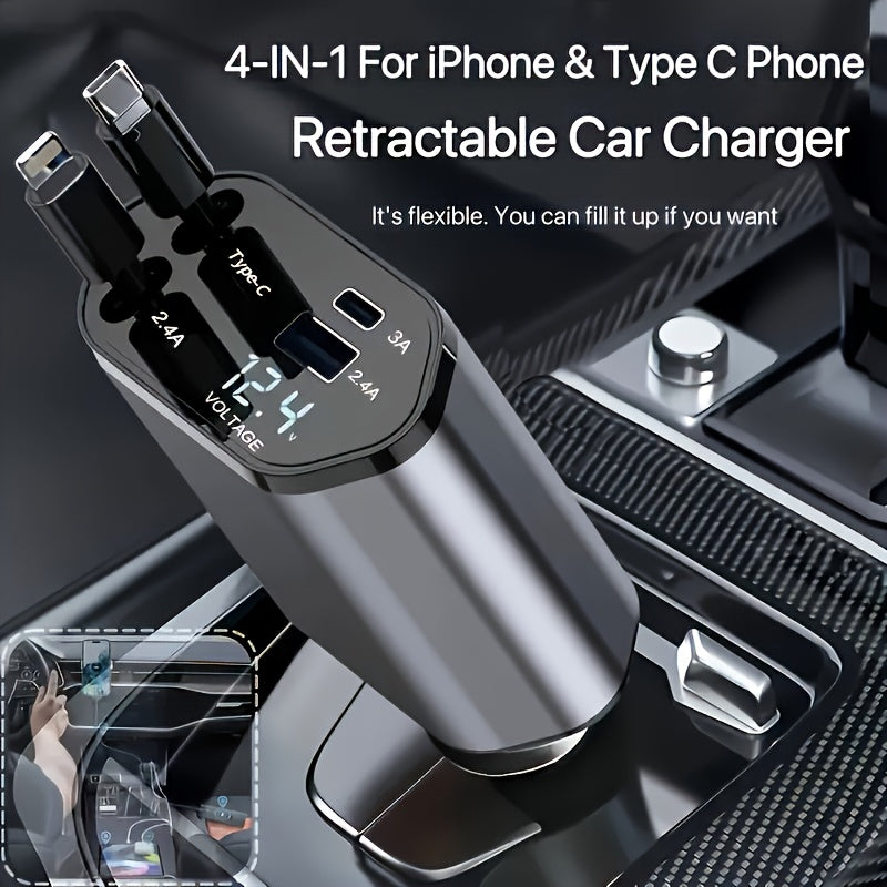 4-in-1-Autoladegerät mit 180°-Drehstecker | Unterstützt PD, QC3.0, USB und Typ-C, kompatibel mit iPhone 15/14/13 und Samsung Galaxy, Betriebsspannung ≤ 36 V, ohne Batterie, geeignet für die Verwendung im Auto