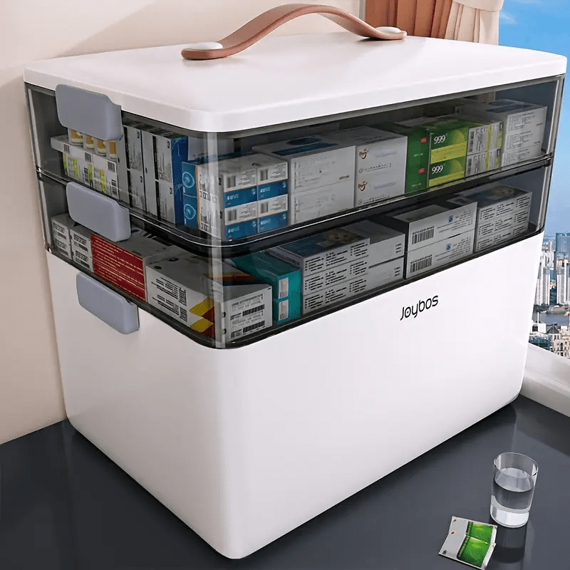 1 Stück / Große, tragbare Erste-Hilfe-Aufbewahrungsbox mit 3 Fächern, mehrlagiger Organizer für medizinisches Set mit Griff und Deckel, herausnehmbare Fächer, 34 x 22 x 25,5 cm